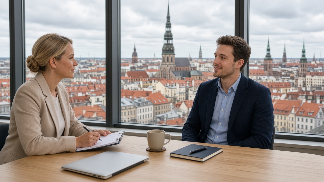 European woman interviewing a young man for a job vacancy in an office overlooking Old Riga