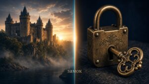 Split image of a castle and an antique lock, illustrating the Russian word zamok