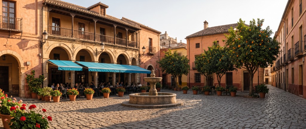 A sunny Spanish plaza featuring a stone fountain, orange trees, and a cafe with blue awnings nestled under historic stone arches.